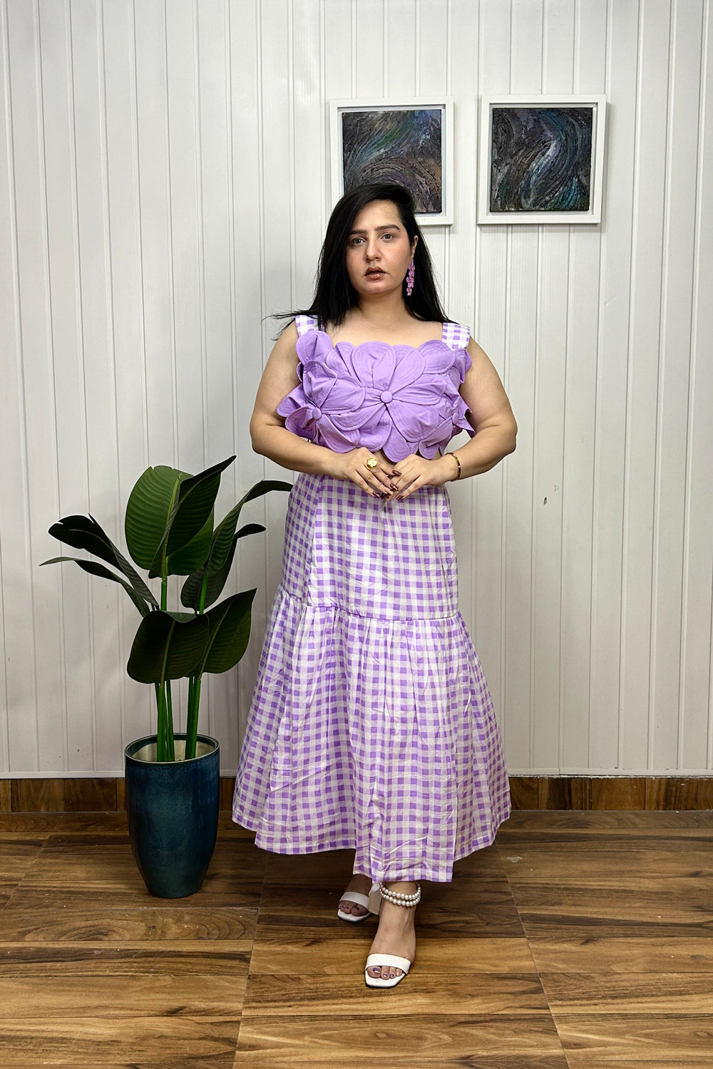 lilac 3d Applique Flower Top with check Print Skirt