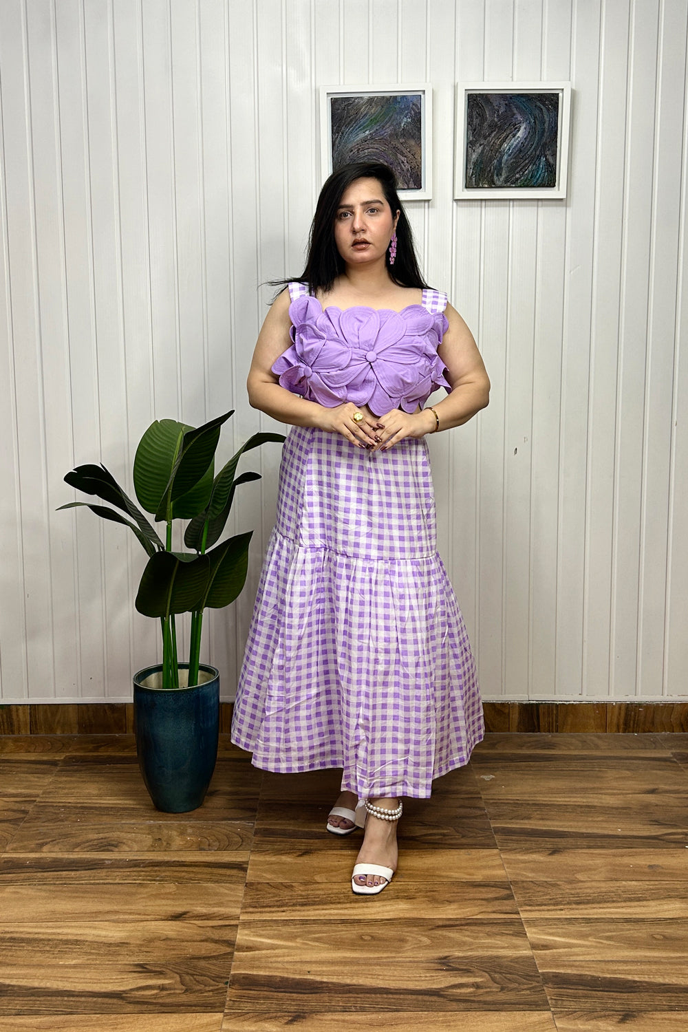 lilac 3d Applique Flower Top with check Print Skirt
