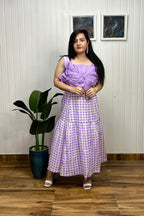 lilac 3d Applique Flower Top with check Print Skirt