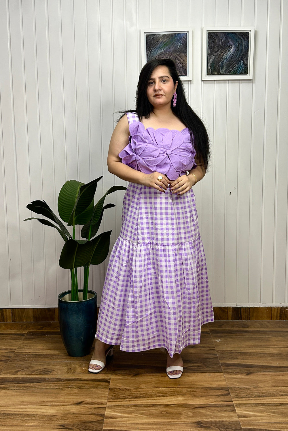 lilac 3d Applique Flower Top with check Print Skirt