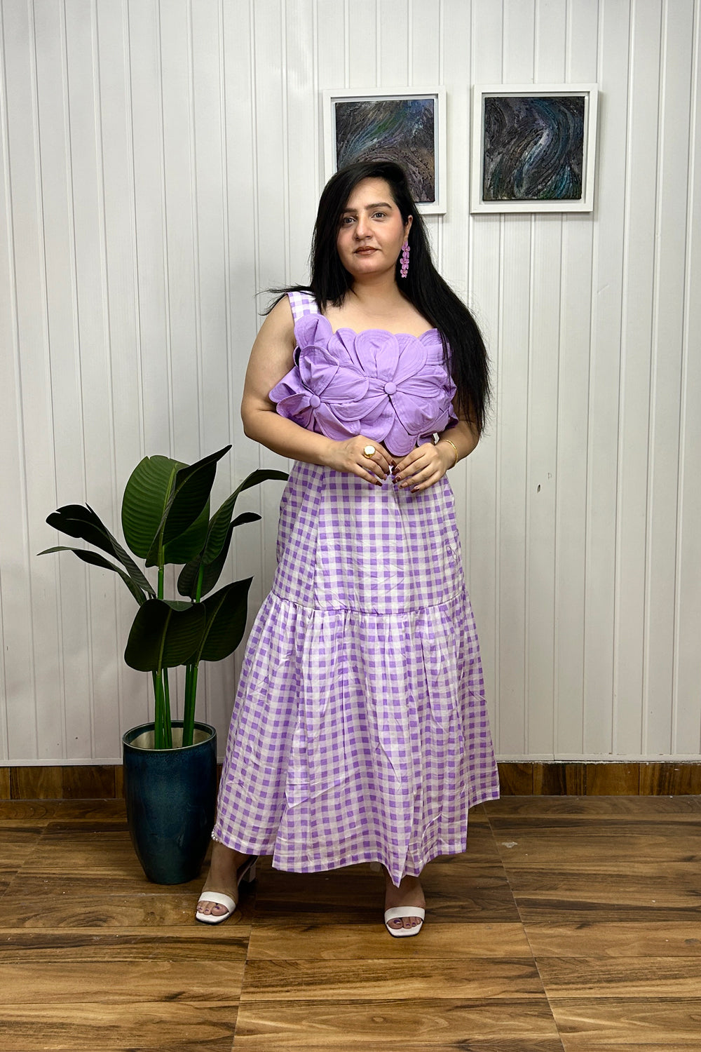 lilac 3d Applique Flower Top with check Print Skirt