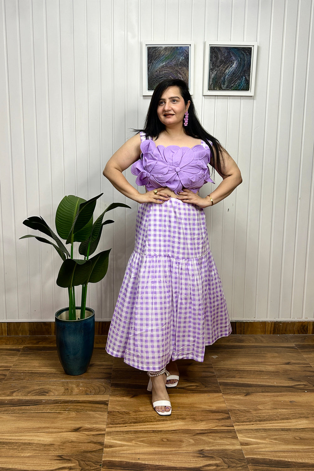 lilac 3d Applique Flower Top with check Print Skirt