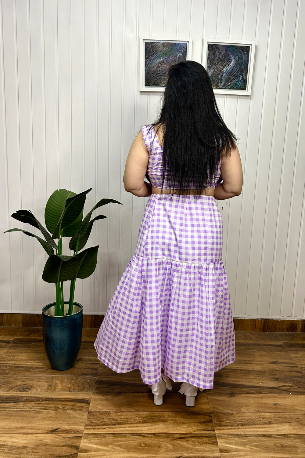 lilac 3d Applique Flower Top with check Print Skirt