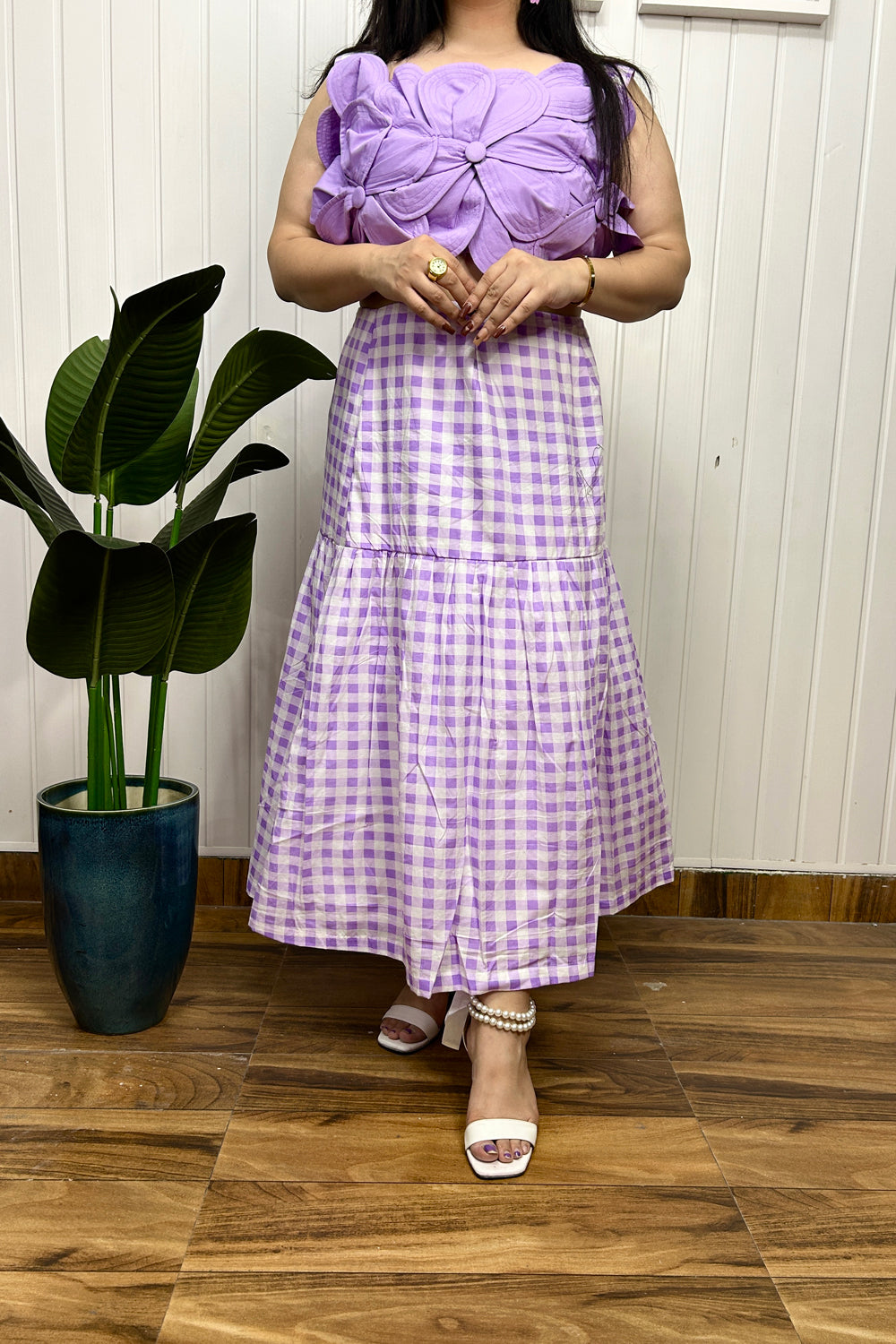lilac 3d Applique Flower Top with check Print Skirt