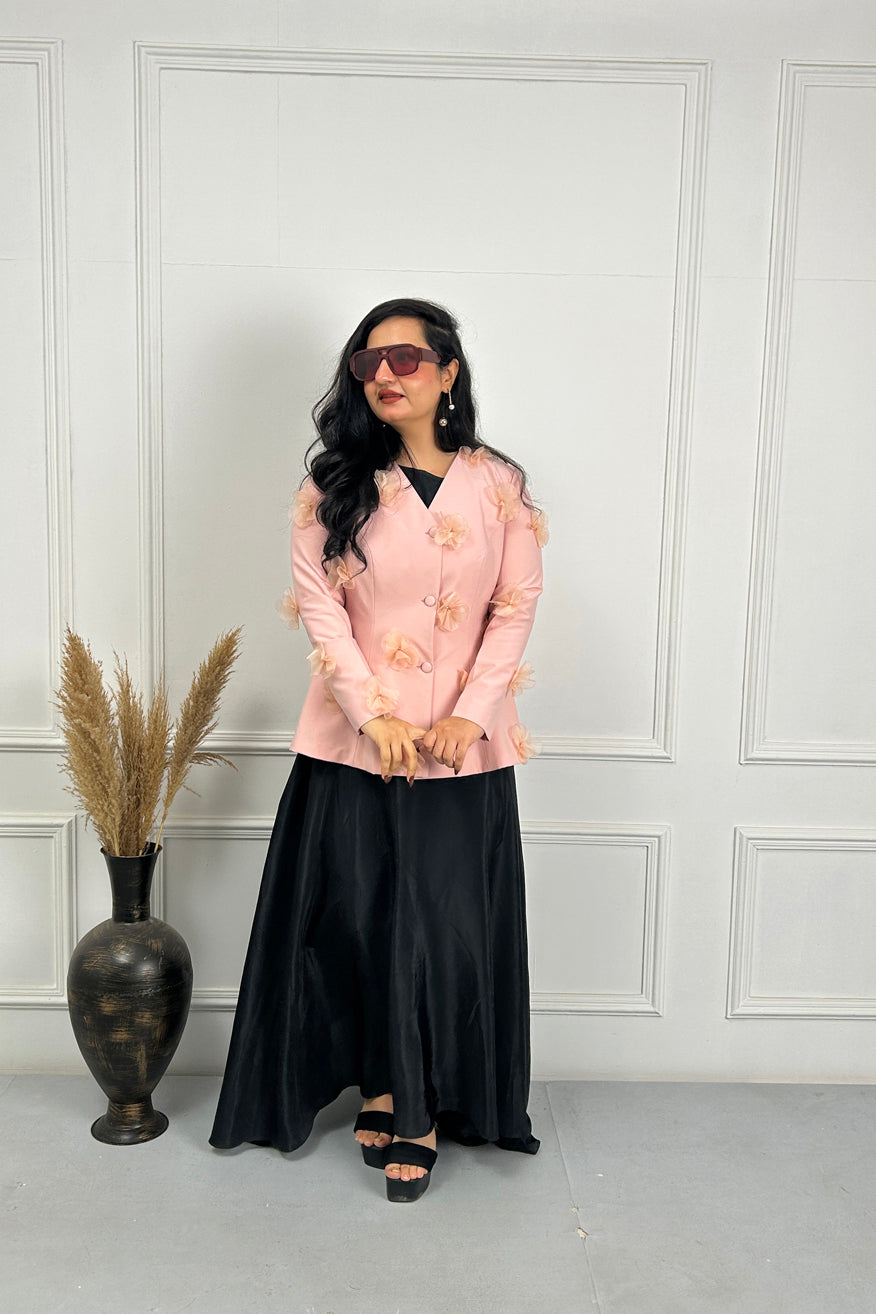 Peach Pink 3D Flower Coat with Black dress