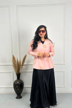 Peach Pink 3D Flower Coat with Black dress