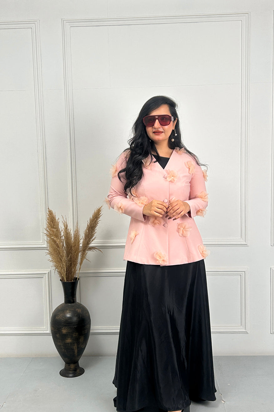 Peach Pink 3D Flower Coat with Black dress