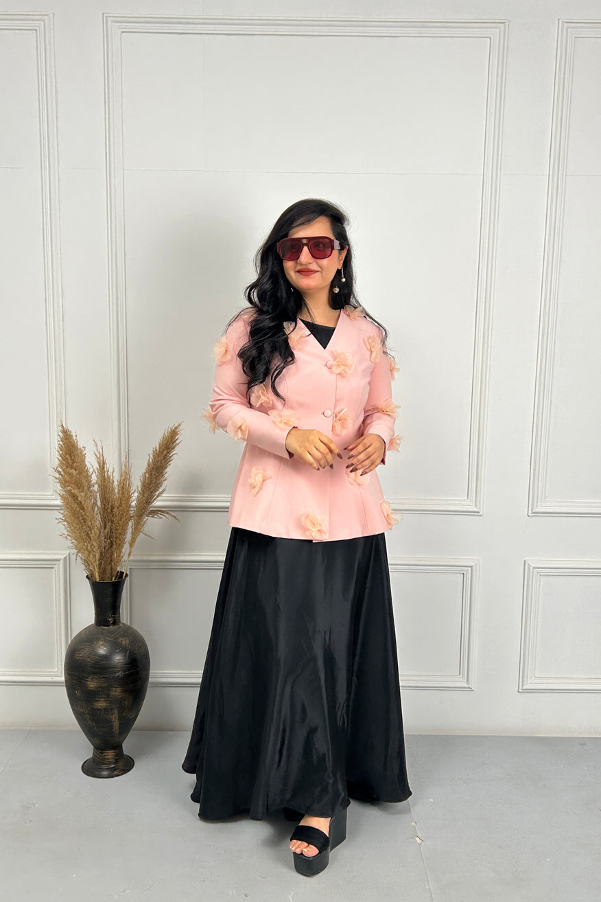 Peach Pink 3D Flower Coat with Black dress