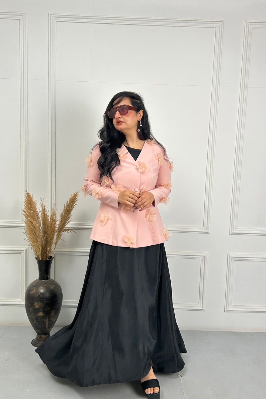 Peach Pink 3D Flower Coat with Black dress