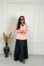 Peach Pink 3D Flower Coat with Black dress