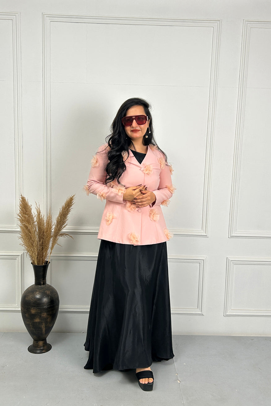 Peach Pink 3D Flower Coat with Black dress