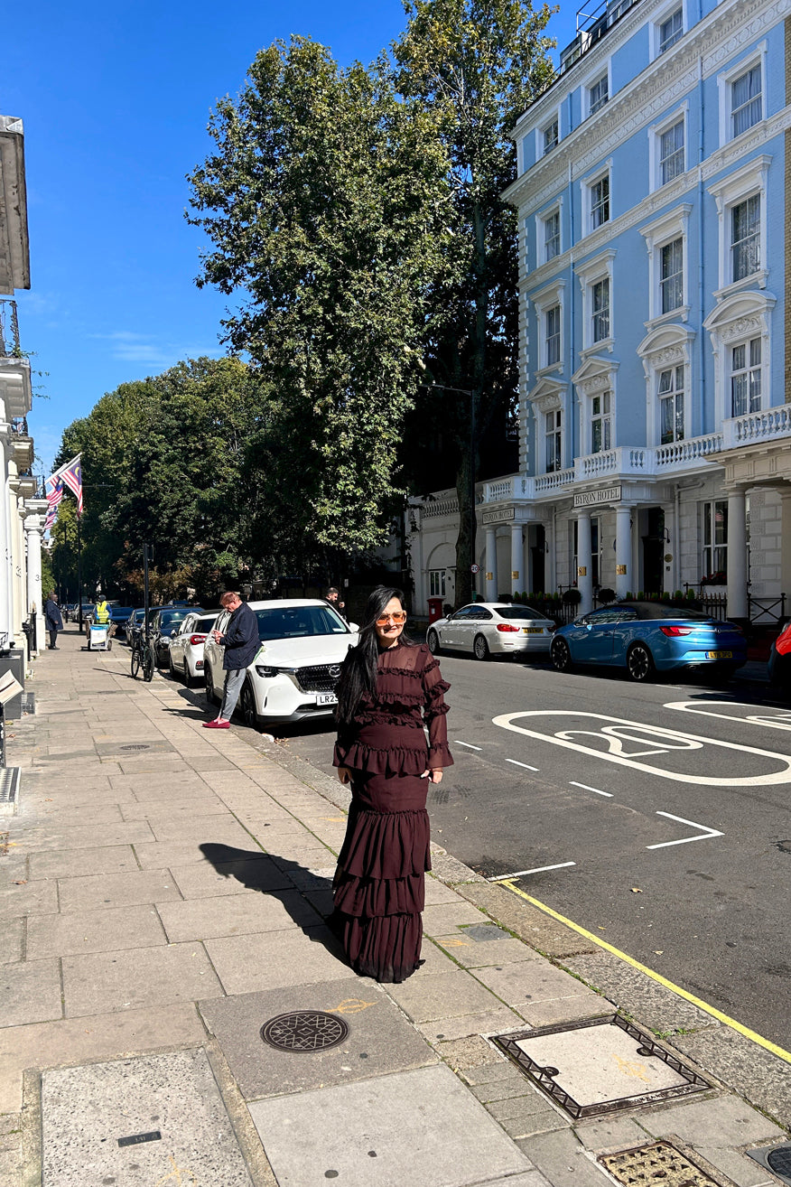 Brown Frilled Georgette Maxi dress