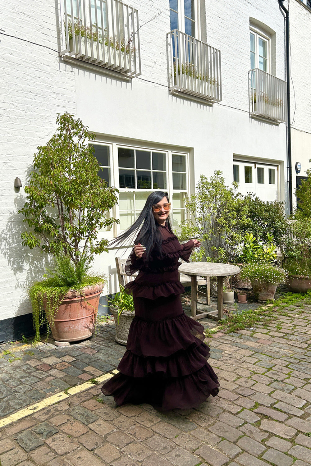 Brown Frilled Georgette Maxi dress