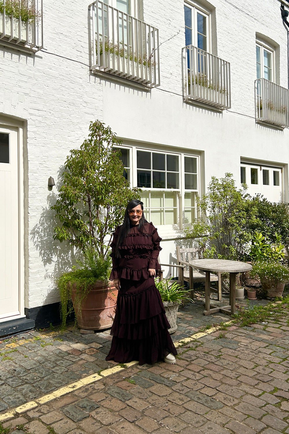 Brown Frilled Georgette Maxi dress