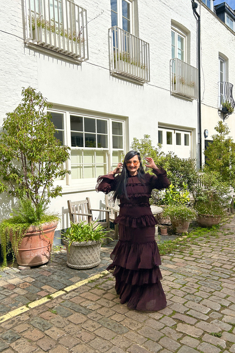 Brown Frilled Georgette Maxi dress