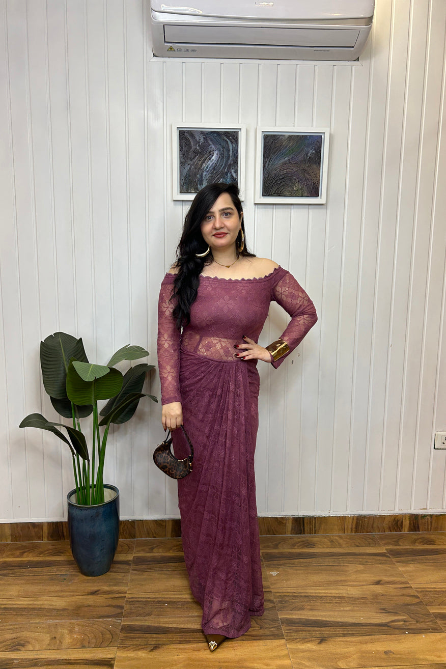 Mauve Lace Off Shoulder Draped Dress