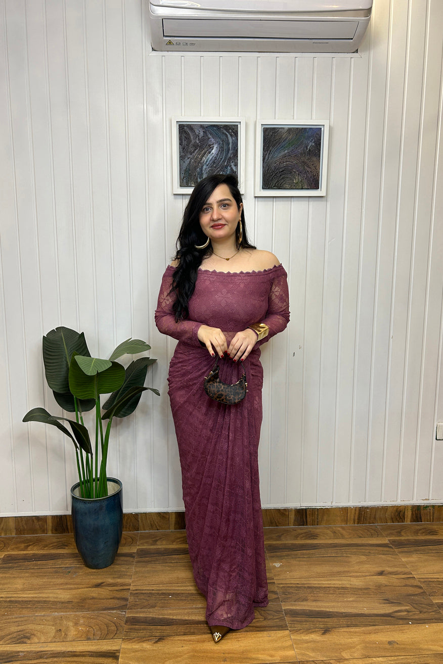 Mauve Lace Off Shoulder Draped Dress