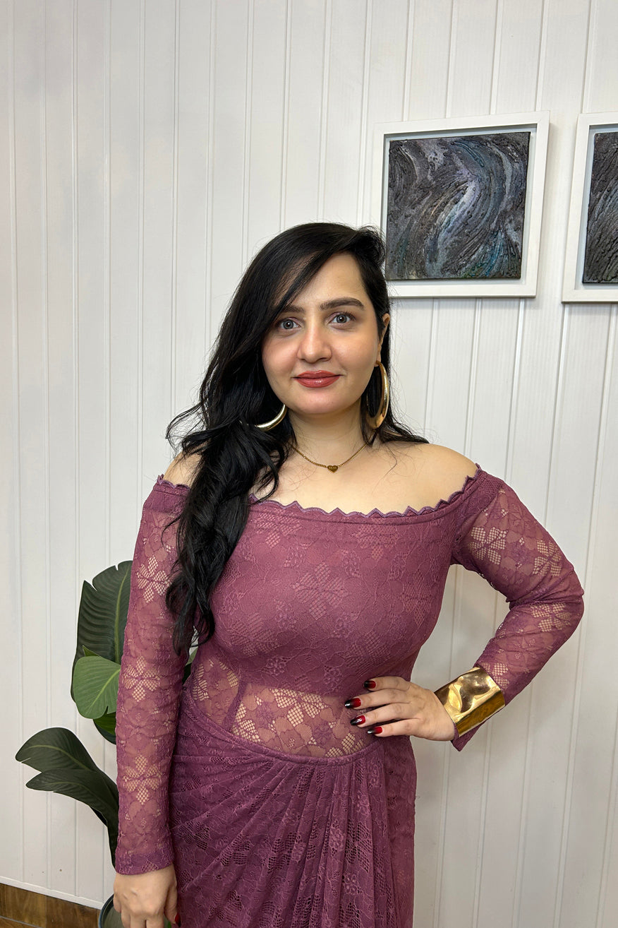 Mauve Lace Off Shoulder Draped Dress