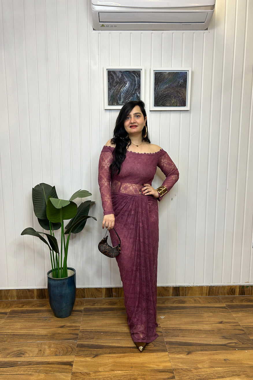 Mauve Lace Off Shoulder Draped Dress
