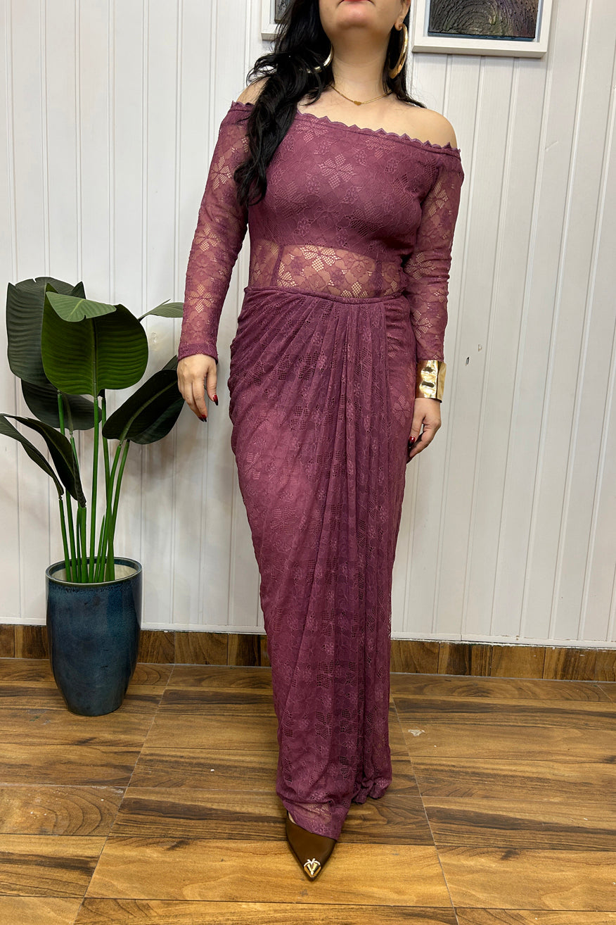Mauve Lace Off Shoulder Draped Dress