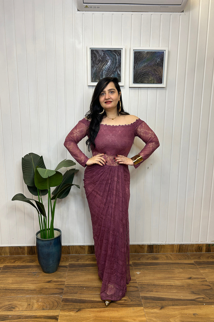 Mauve Lace Off Shoulder Draped Dress