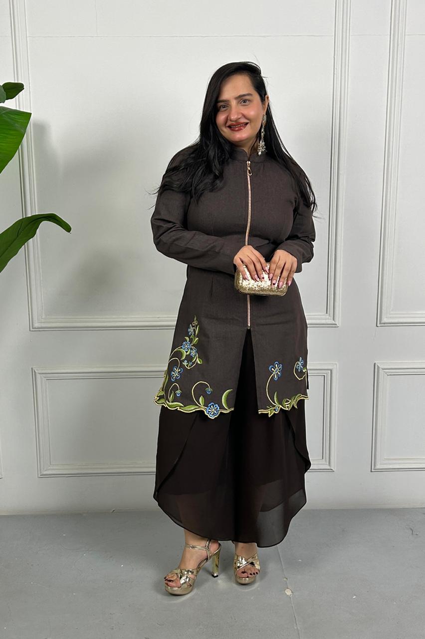 Brown Floral Embroidered Kurta Set