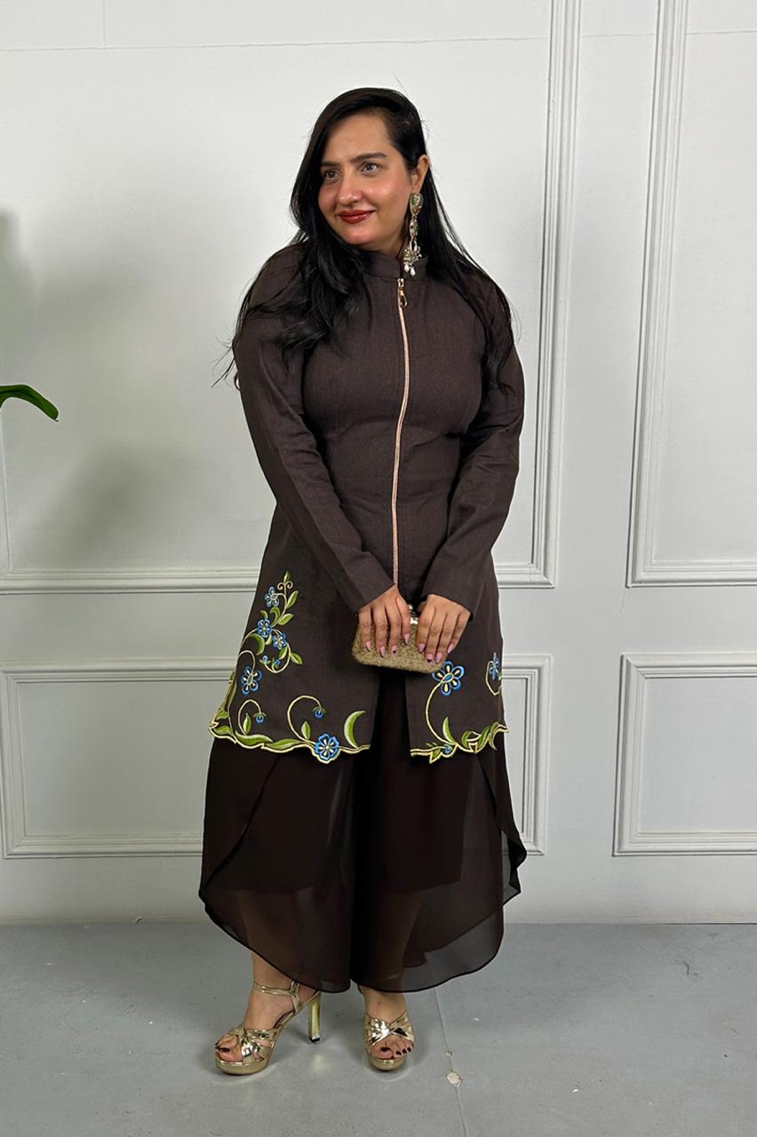 Brown Floral Embroidered Kurta Set