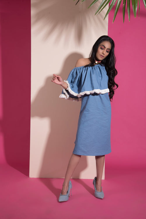 Blue Denim One Shoulder Dress