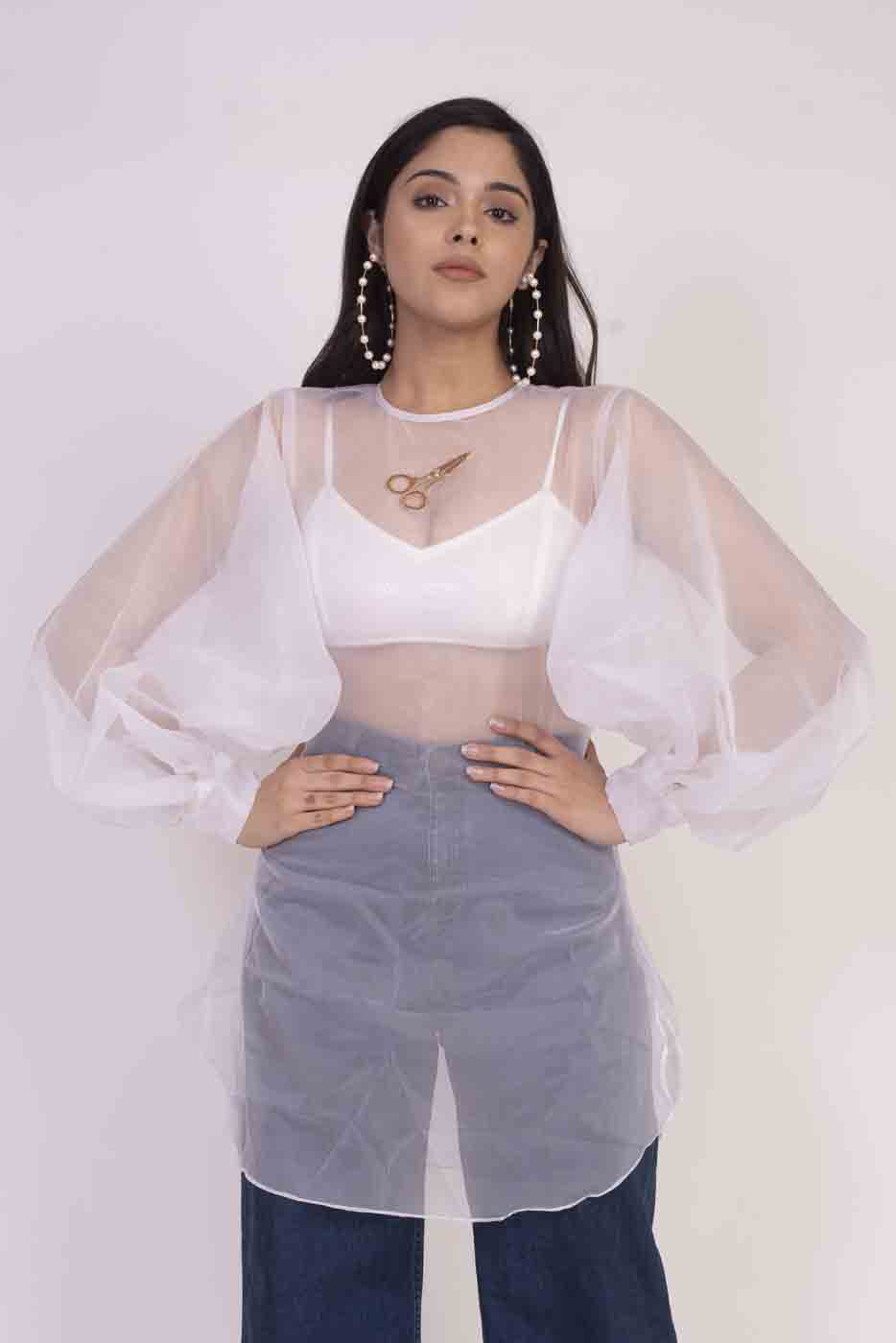 White Organza Top with Sequins Bralette