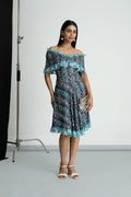 Grey Printed Georgette Off Shoulder Dress