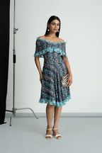 Grey Printed Georgette Off Shoulder Dress