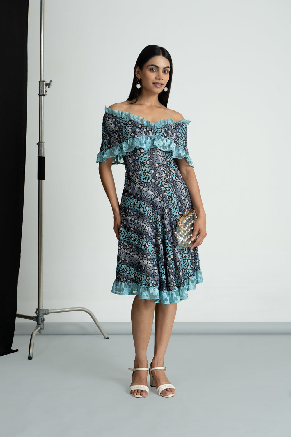Grey Printed Georgette Off Shoulder Dress