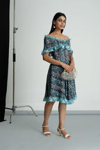 Grey Printed Georgette Off Shoulder Dress