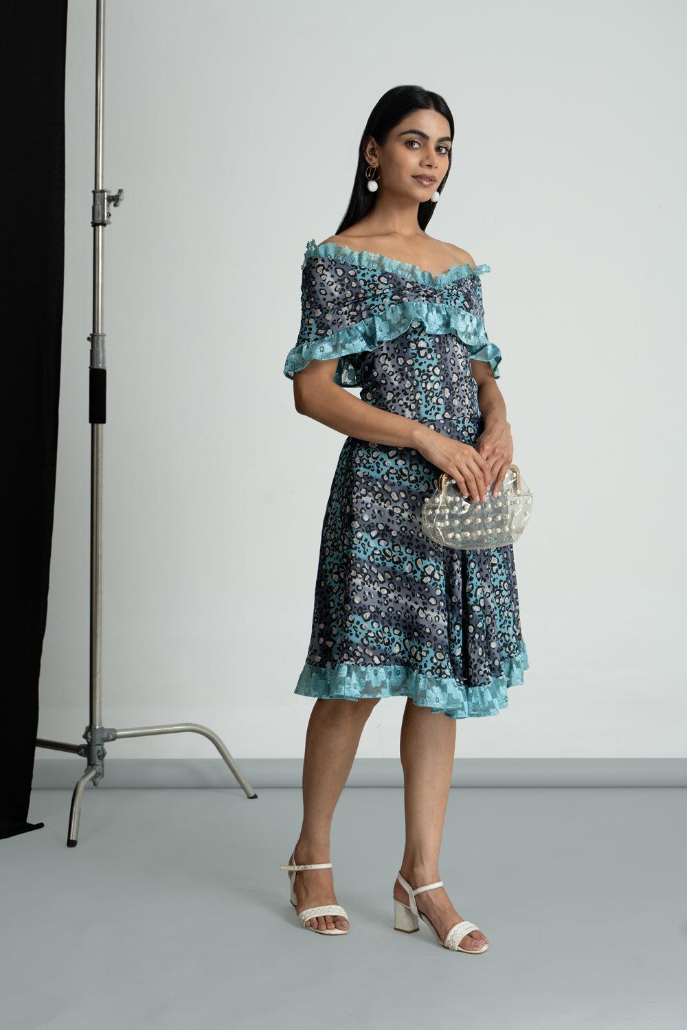 Grey Printed Georgette Off Shoulder Dress