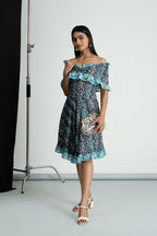 Grey Printed Georgette Off Shoulder Dress