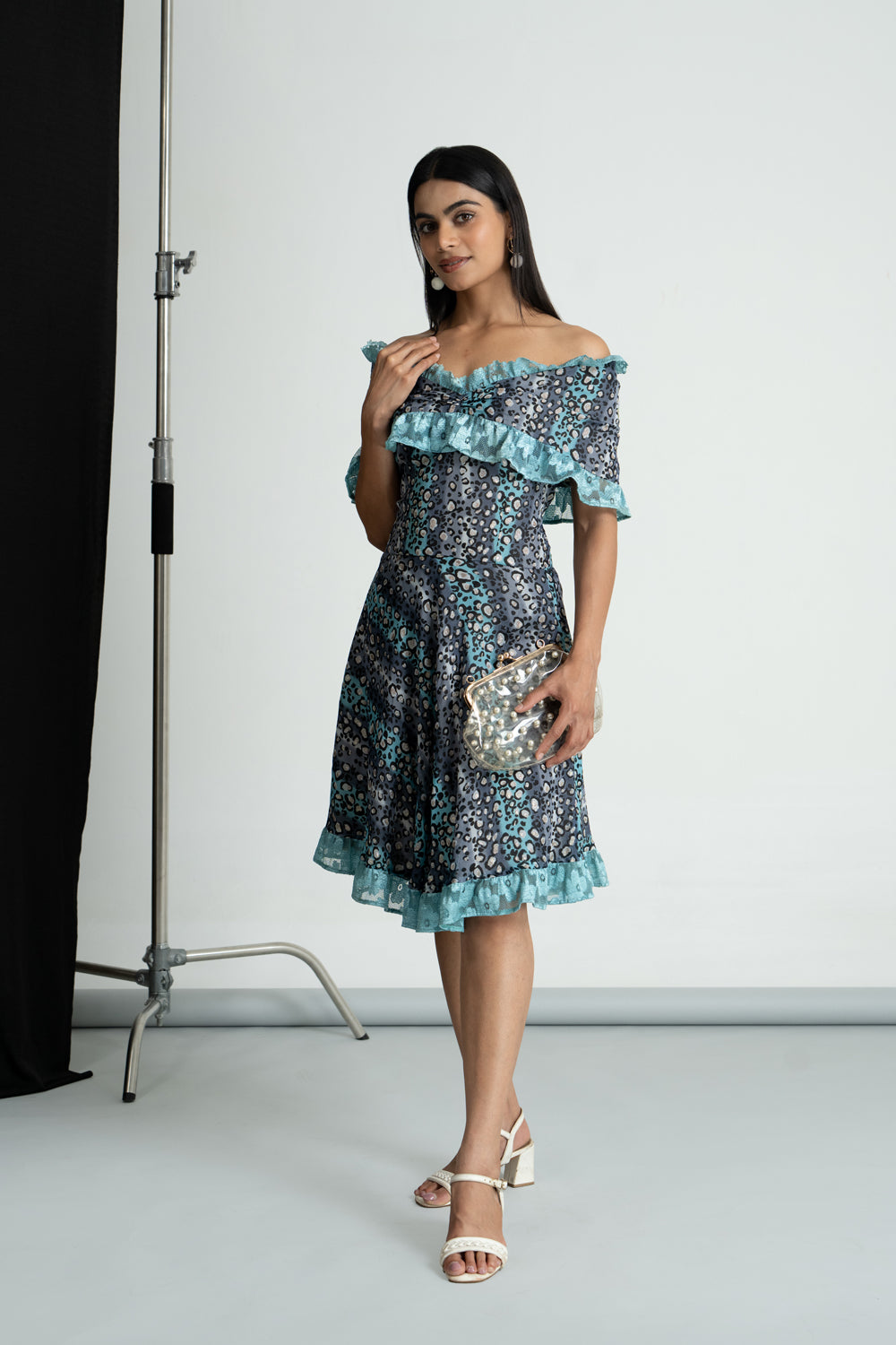 Grey Printed Georgette Off Shoulder Dress