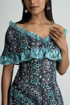 Grey Printed Georgette Off Shoulder Dress