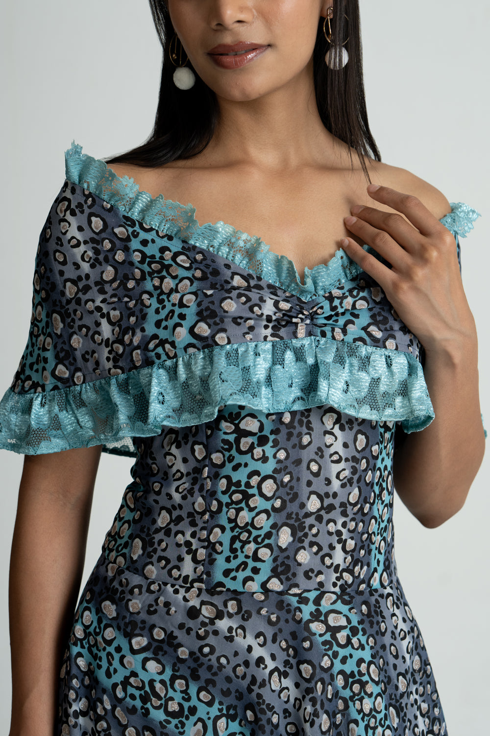 Grey Printed Georgette Off Shoulder Dress