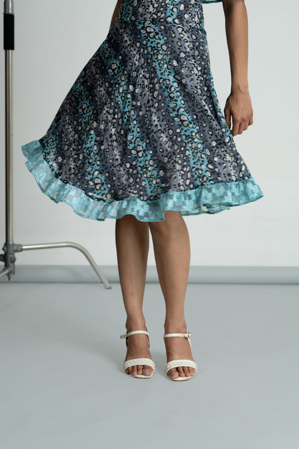 Grey Printed Georgette Off Shoulder Dress