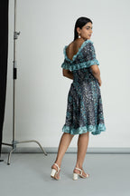 Grey Printed Georgette Off Shoulder Dress