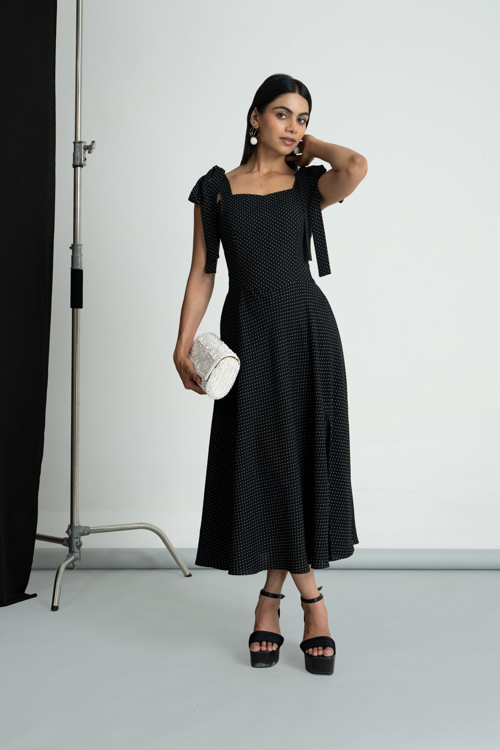 Black Polka Georgette Knot Dress