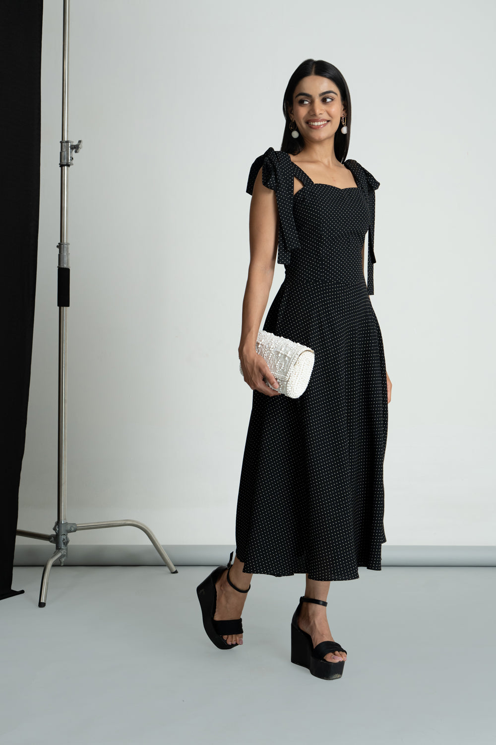 Black Polka Georgette Knot Dress