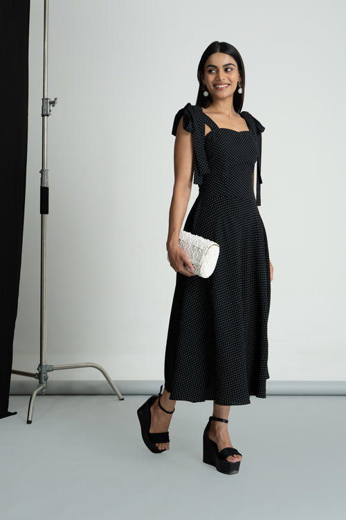 Black Polka Georgette Knot Dress