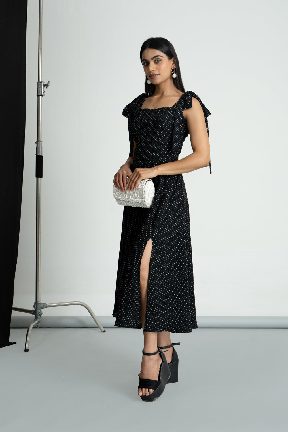Black Polka Georgette Knot Dress
