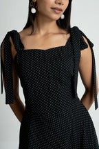 Black Polka Georgette Knot Dress