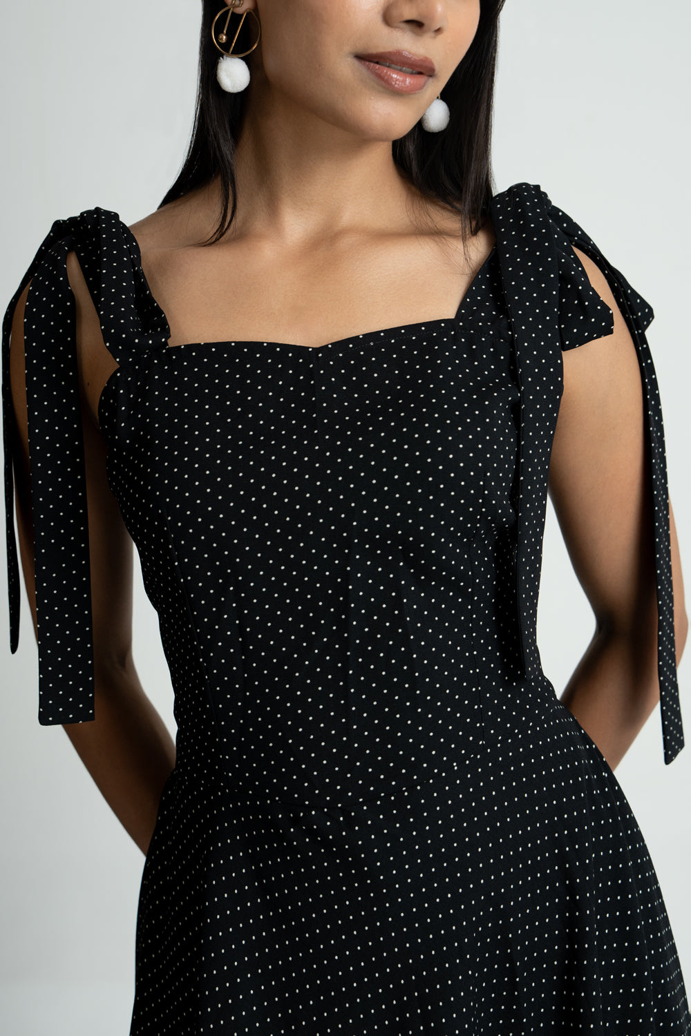 Black Polka Georgette Knot Dress