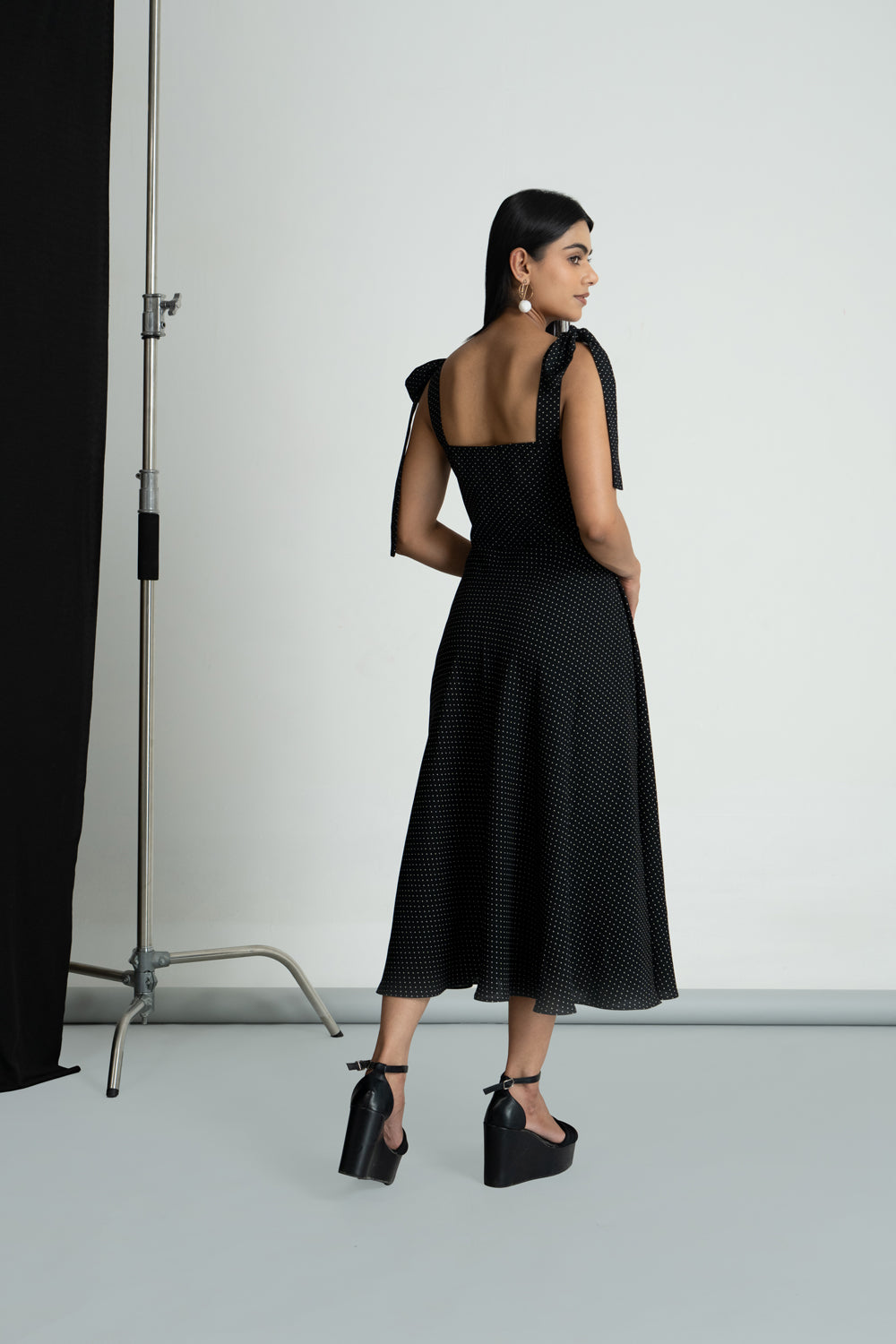 Black Polka Georgette Knot Dress