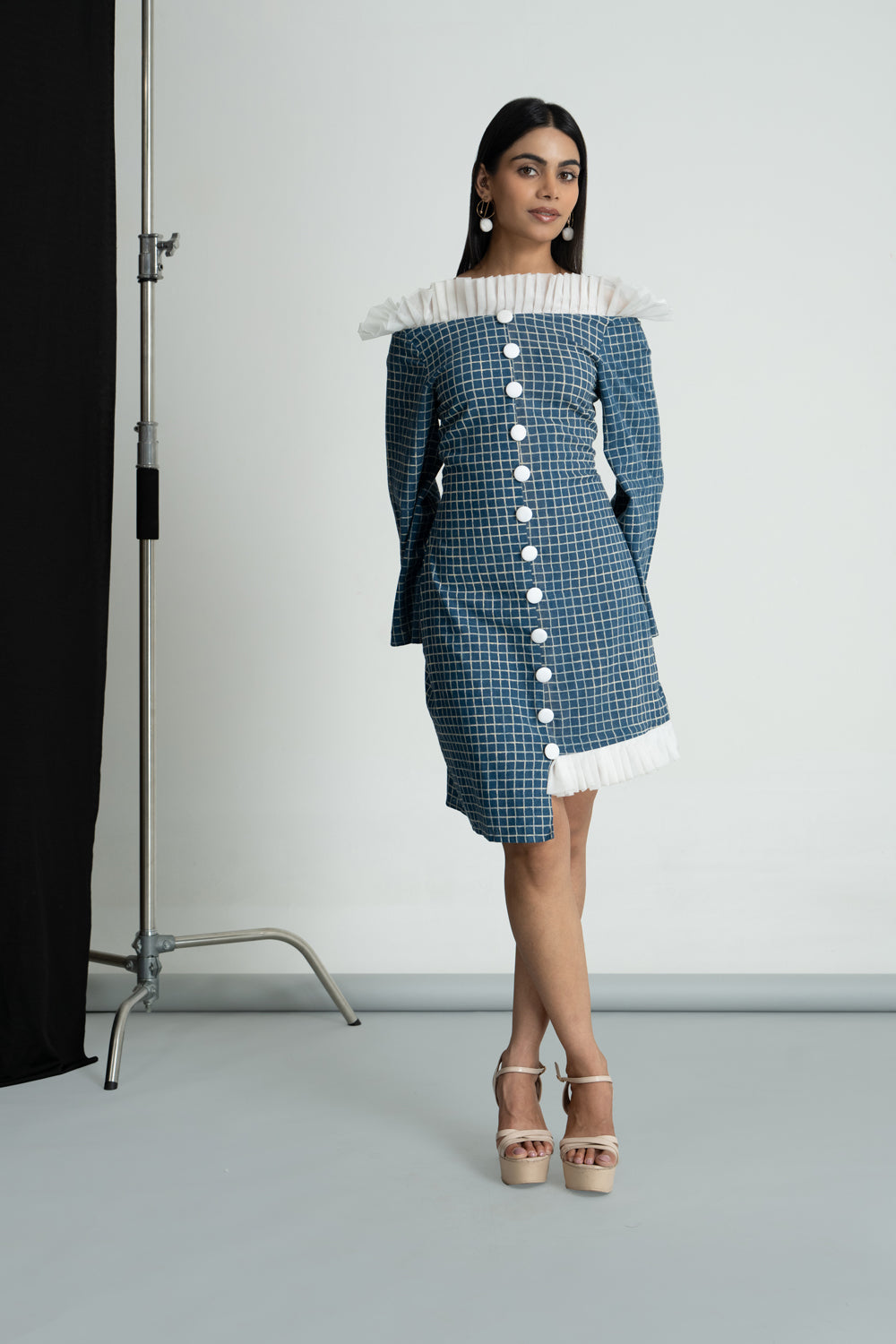Blue Cotton Check High Low Dress