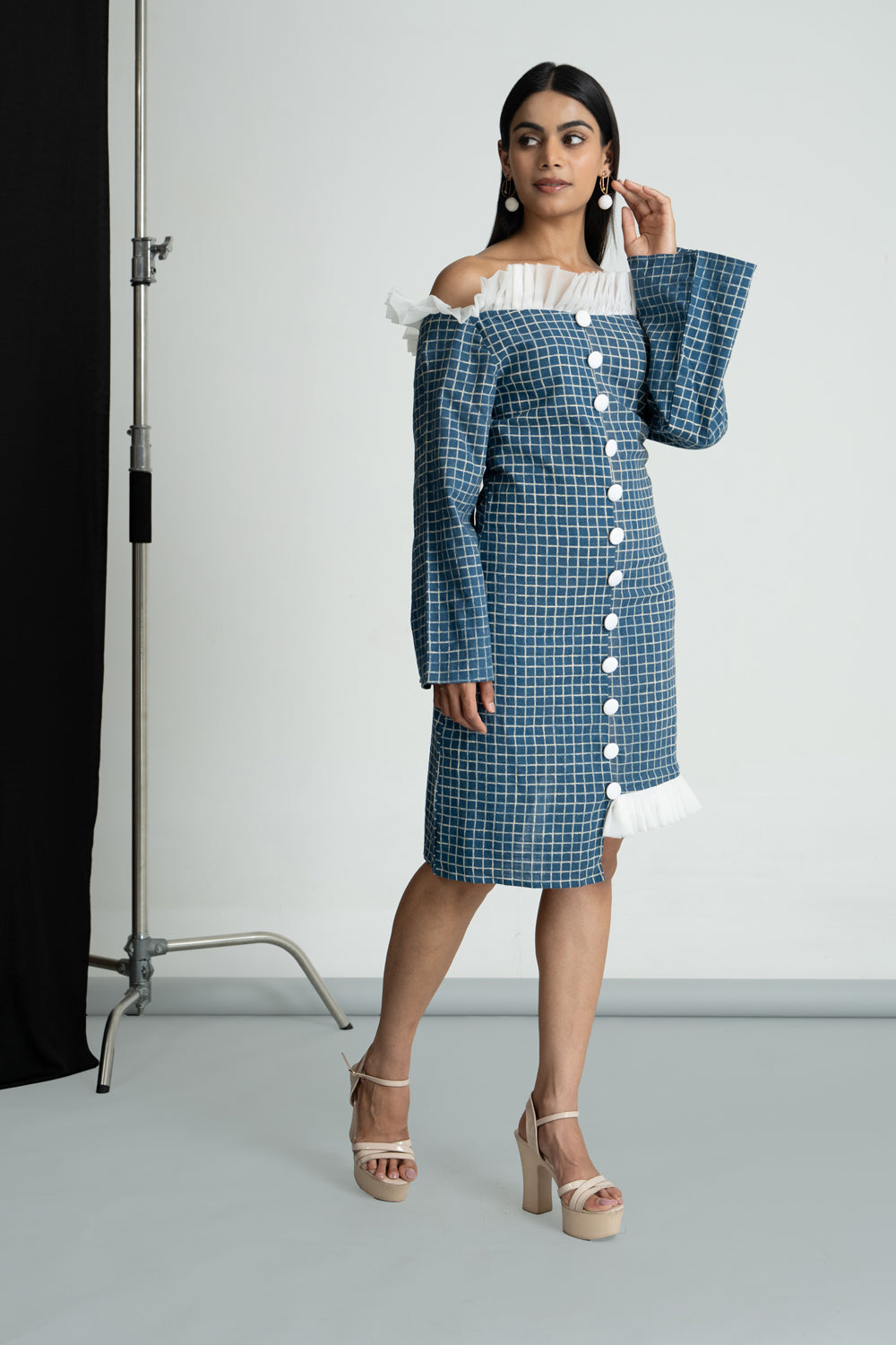 Blue Cotton Check High Low Dress