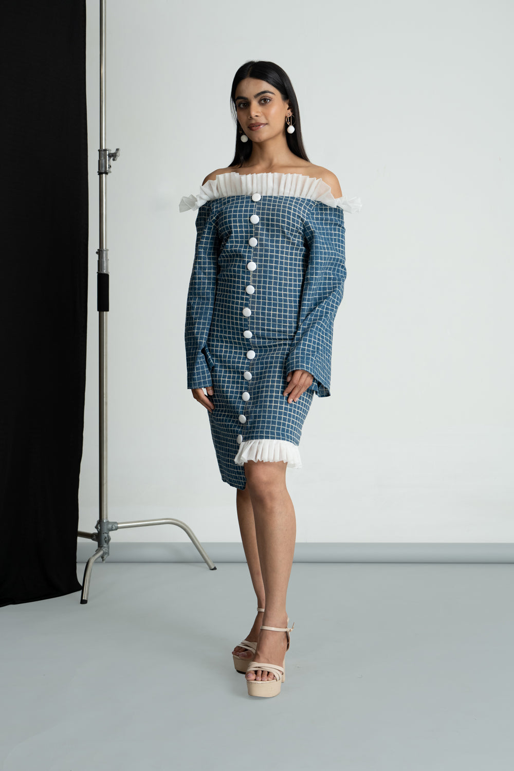 Blue Cotton Check High Low Dress